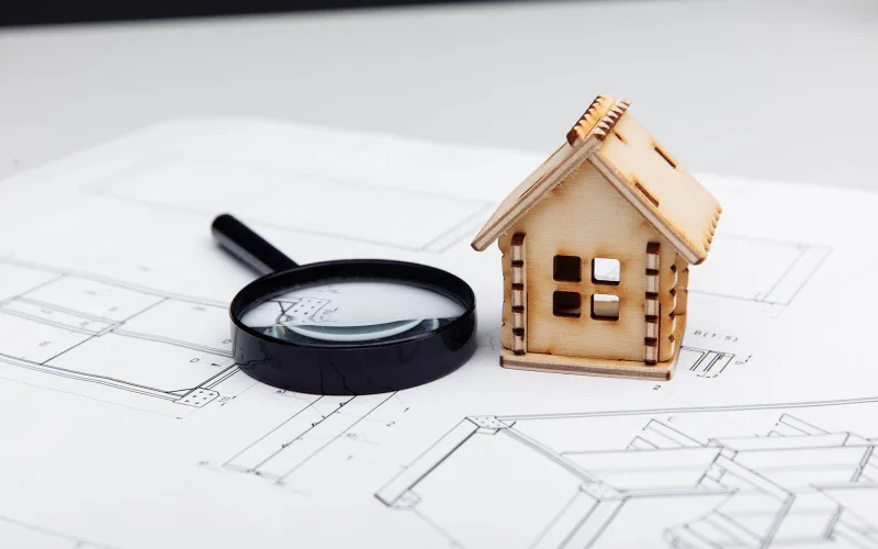 Mini model of house and a magnifying glass on a drawing. Real estate building concept.